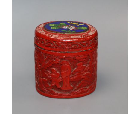 A Chinese cinnabar lacquer and cloisonne enamel jar and cover, early 20th century