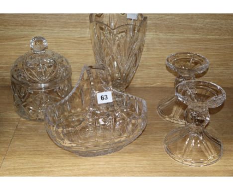 A Waterford Marquis pattern vase cut glass jar and cover and basket and a pair of candleholders