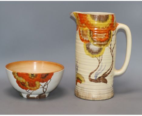A large Clarice Cliff 'Rhodanthe' jug and bowl jug 28cm