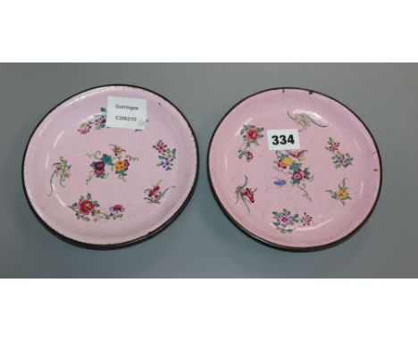 A pair of Canton enamel powder pink ground dishes, Qianlong mark, 19th century
