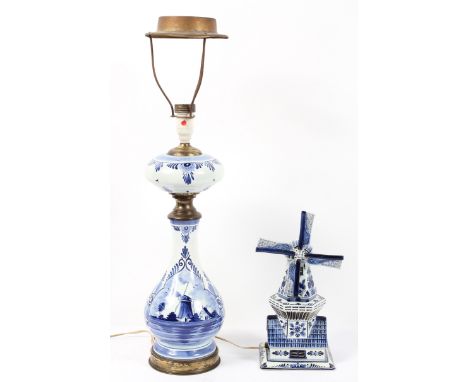 A vintage Delft Blue and white hand painted night light modelled as a windmill, height (including the blade) 27cm, together w