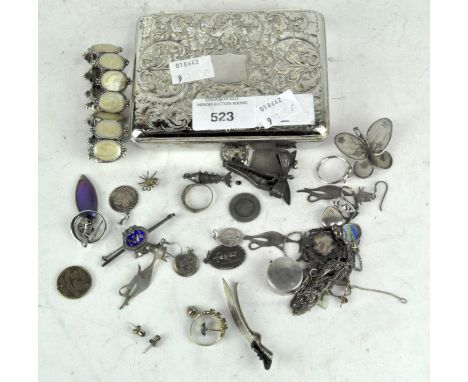 Box of silver jewellery including a pendant, filigree brooch, tie pin modelled as a dagger and more, within a silver plated b