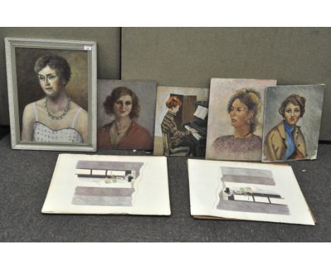 A group of oil on boards x 4, un-framed; and a portrait of a lady by Raeburn (5)