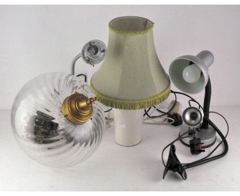A bulbous glass ceiling lamp, diameter approx 30 cm, together with various table and office lamps