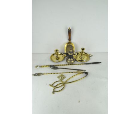 A group of brass and metalware, including: a pair of 19th century brass chamber candlesticks, with pierced stems and wishbone
