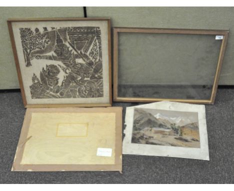 A late 19th century/early 20th century school watercolour, with a farm in mountainous landscape, (loose from wooden frame), 3