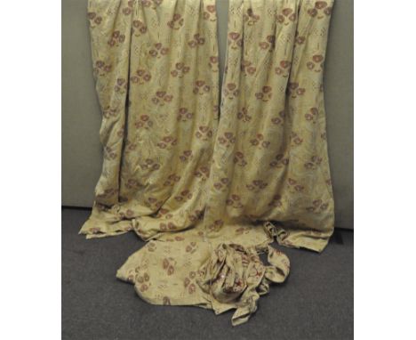 A pair of contemporary gold and maroon floral curtains, lined, height 260 cm x width 290 cm, with pelmet 130 cm x 290 cm, and