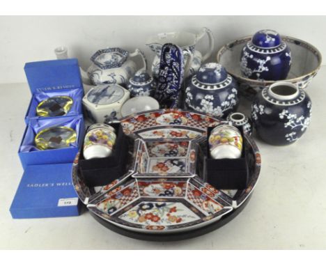 A group of blue and white Chinese and European ceramics including an 18th century Imari bowl (AF), ginger jars, two Royal Wor