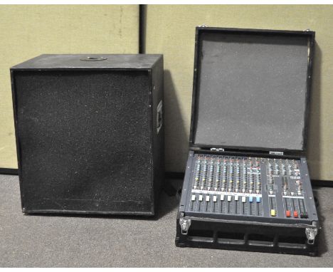 A group of music equipment comprising an Allen &amp; Heath PA12-CP power mixer and a large speaker, the speaker 56 cm high x 