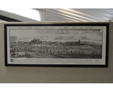 An etching of 'The North West Prospect of the City of Wells', depicting a city scape with text beneath, 31.5cm x 82.5cm, fram