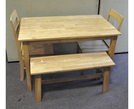 A modern dining table with two chairs and a bench, the table 75.5 cm high x 114 cm cm wide x 68 cm deep