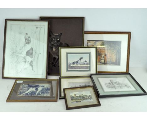 A quanity of pictures to include a Pollyanna Pickering print of a cat, a signed Will Perrin print of a landscape and more, al