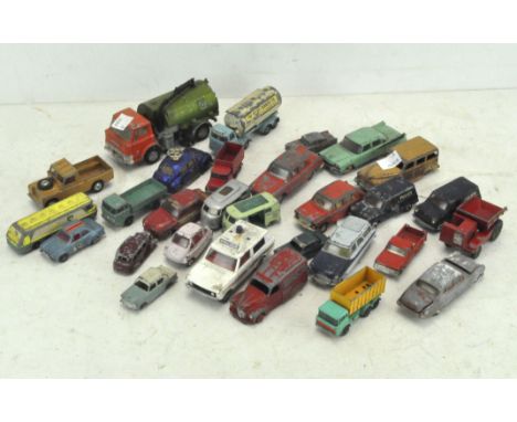 A collection of play-worn diecast Dinky, Corgi and Tri-ang cars and trucks including a  Johnston road sweeper, Vigilant Range