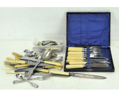 A boxed set of silver plated fish knives and fork with bakelite handles, together with a quantity of cutlery and a collection