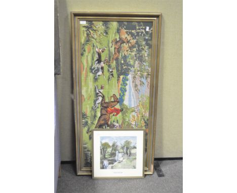 A needlework tapestry depicting a hunting scene, mounted in gilt frame, 110cm x 49cm; together with another of the River Came