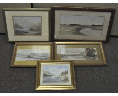 Four 20th century watercolour landscapes, one depicting sheep and stamped 'G.W.C. 1905', together with a chalk drawing of a b