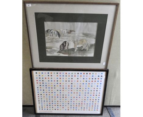 A vintage Chinese print of horses and a Damien Hurst poster, 'Sensation' YBA from the Saatchi Collection, Brooklyn Museum of 