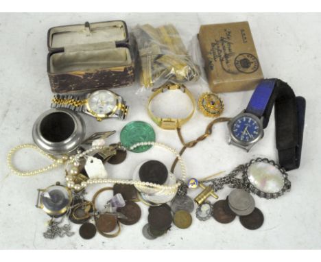 An assortment of collectables, comprising a Sekonda wrist watch, Timex watch face, selection of coins, Wedgwood pendant, pen 