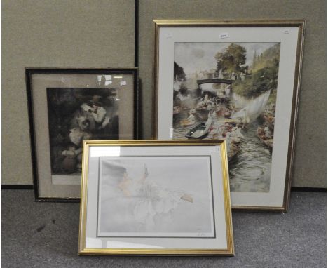 Three framed prints, the first by Sturgeon, depicting a woman with a fan, a 19th century print after W. Owen, 'Thr Road Side'