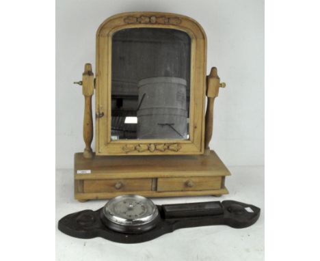 A British Made oak barometer with a mercury thermometer, length 58cm, together with a pine dressing table mirror, height 55cm