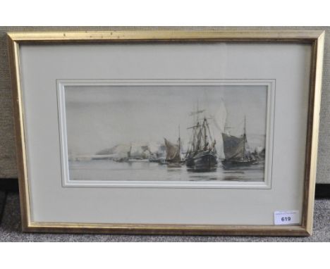 A print after a Hubert Coop (1872-1953), sailing boats in harbour, framed, 29 cm x 15 cm  