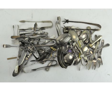 A collection of silver plated flatware, including Apostle spoons, caddy spoon, nips and other spoons 