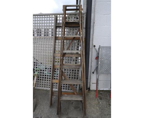 Two vintage wooden step ladders, one marked Eclipse, for C&amp; E Hospital, 202 cm high max.
