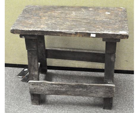 A rustic wooden bench with sloping footrest, 57 cm x 66 cm x 41 cm