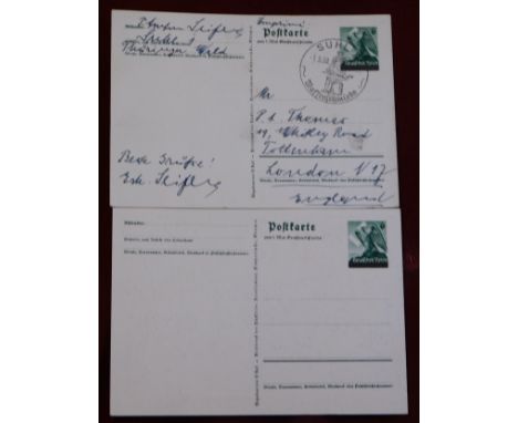 Germany 1938-1939 pair of pre-paid Michel P275 6pf green postage cards illustrated with Hitler propaganda image. One unused a