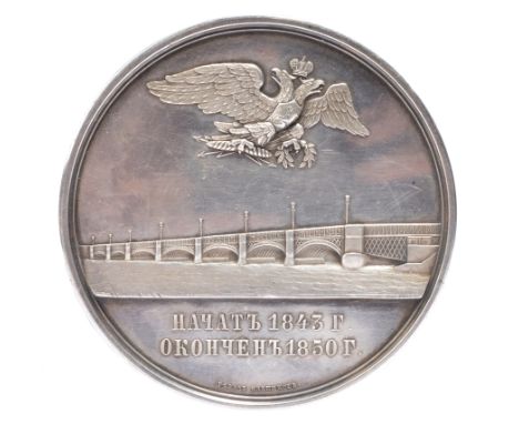 Imperial Russia: Nicholas I, Completion of the Blagoveschensk Bridge 1850, a silver medal by A. Klepikov and A. Lyalin, 75 mm