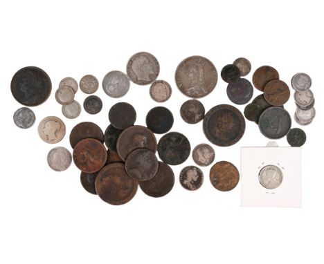 A quantity of British coins and associated items, including: Ireland, Charles I, farthing token, Richmond Issue (S 6524) and 