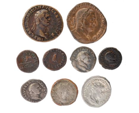 A collection of Ancient Roman coins, including; Roman Imperial Coinage, Claudius, Quadrans, Rome, 41, hand holding scales, p 