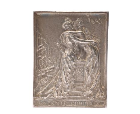 Entente Cordial 1903, a silver plaque by R Grégoire, allegorical female figures of France and Britain embrace over a pedestal