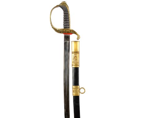 An Austrian official's dress sword, slightly curved blade 30.5 in., brass guard with chased and pierced scrolling design inco