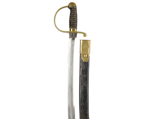 A 19th century constabulary pattern hanger, stout slightly curved blade 22 in., brass stirrup hilt marked 'PARKER FIELD &amp;