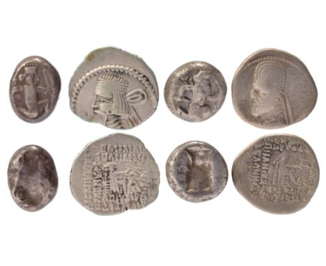 Ancient Greek coins, including; Lydia, Sardeis, time of Artaxerxes I to Darius III (c. 450-330 BC), Siglos, archer with dagge