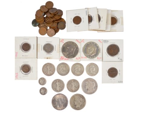 A quantity of United States coins, including; Morgan Dollar, silver, 1891, (KM # 110), near very fine; Braided hair cent, cop