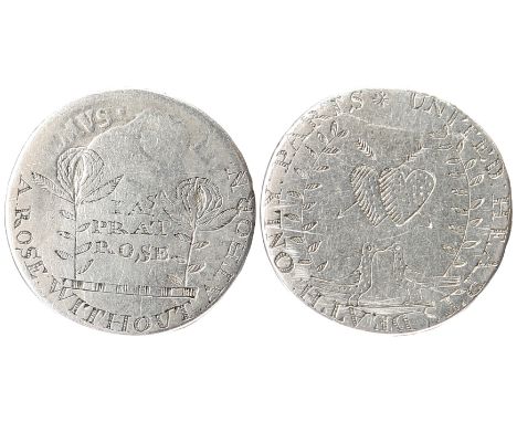 An engraved love token, erased William III silver shilling, JAS PRAT ROSE between two roses, and A ROSE WITHOUT A THORN; rev.