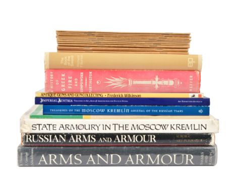 A collection of weapon and armour reference books, including: Richard F. Burton, 'The Book of the Sword', 1972; Bruno Thomas,