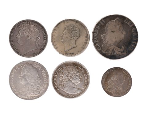 A small collection of silver coins, comprising: Charles II, crown, 1667 (S 3357), fair; George II, half crown, 1746, Lima (S 