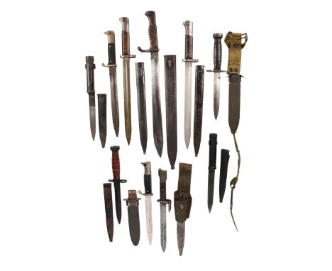 A collection of various bayonets, comprising: a German model 98/05, broad blade and steel scabbard, by Dόfkopp; two Czech VZ 