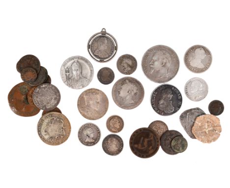 A quantity of world coins and exonumia, including three Spanish commemorative medals or tokens for the Acclamation of 24th Oc