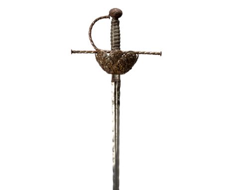 A 17th century cup hilt rapier, slender blade 39 in. with flamboyant edges, short fuller marked IACOB BRACH SOLINGEN; cup sha