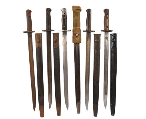 Five British 1907 pattern bayonets, three by Sanderson and two by Wilkinson, each with a scabbard and one of the latter with 