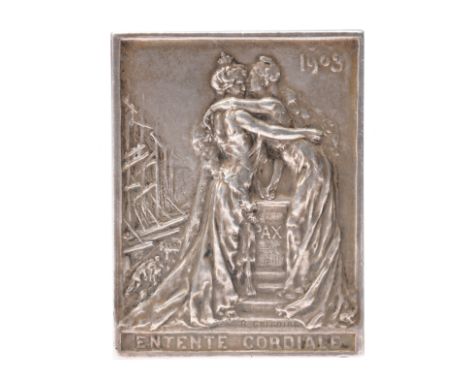 Entente Cordial 1903, a silver plaque by R Grégoire, allegorical female figures of France and Britain embrace over a pedestal