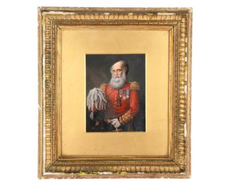 A over-painted portrait photograph of Lieutenant-General William Burlton, C.B., Indian Army; three quarter length facing, in 