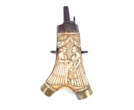 A German stag horn powder flask, the outer face carved with a depiction of Judith and her maidservant placing the head of Hol