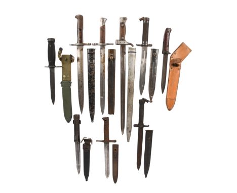 A collection of various bayonets, including: a Swedish model 1896, all steel construction and steel scabbard; a Czech VZ 56, 