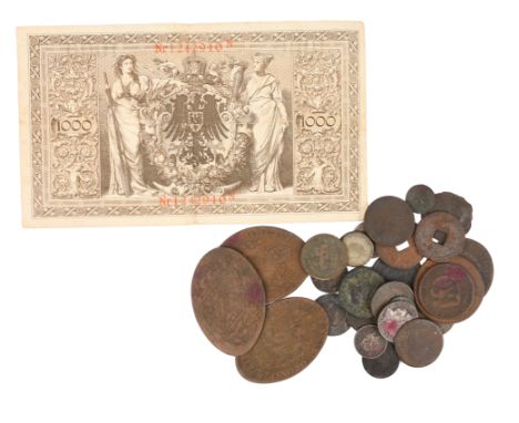 A small quantity of coins, including: Elizabeth I, silver groat, 156(?), rose and date, bust rubbed, otherwise good fair; Geo