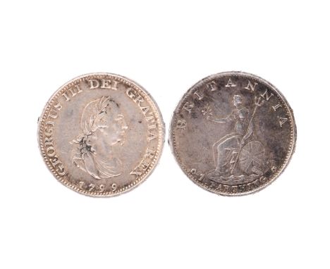 George III, silver proof farthing, 1799 (S 3779), minor edge damage caused by brooching at some time, otherwise good very fin
